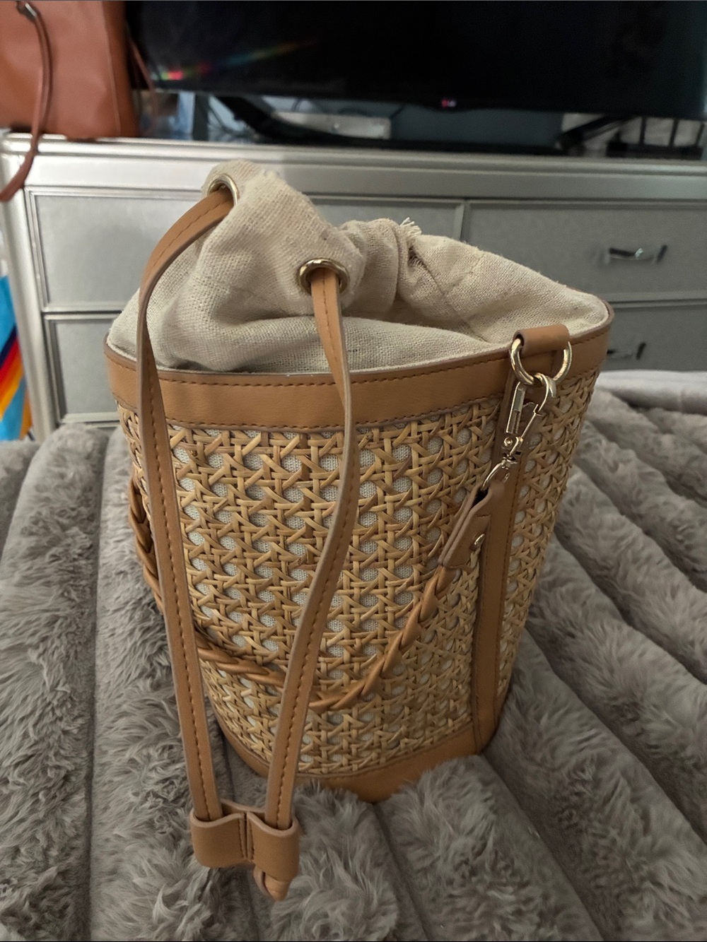 Tommy Bahama Beige Tan Woven Bucket Bag with Drawstring
